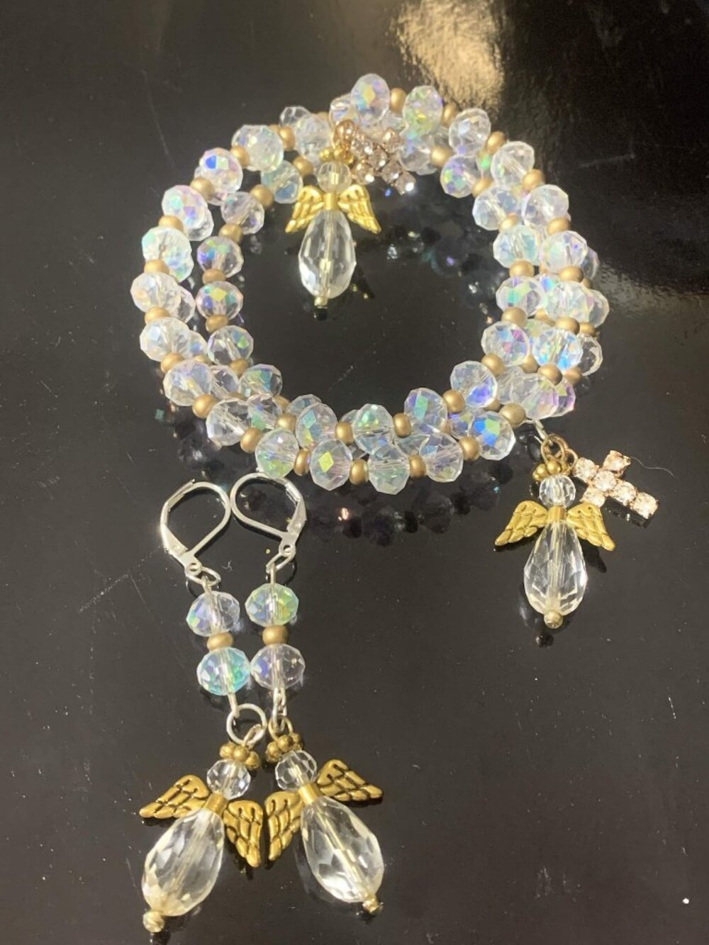 Hand Crafted 'Guardian Angel' glass beaded coil bracelet and earrings set
